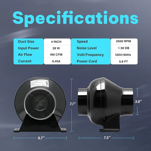 Vista 3 de iPower Ventilador de conducto en línea de 4 pulgadas 195 CFM para tubo de escape, ventilación y recirculación de aire, ventilador silencioso