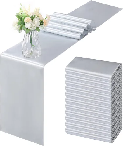 Vista 17 de Horbaunal - Juego de 12 caminos de mesa de satén azul claro de 12 x 108 pulgadas, caminos de mesa suaves para bodas, banquetes, fiestas de cumpleaños