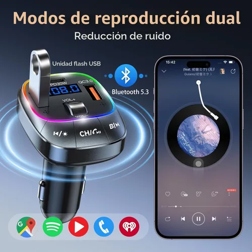 Vista 5 de Redroman Adaptador de coche USB C Bluetooth 5.4 para llamadas manos libres y carga rápida de 48 W, transmisor FM inalámbrico receptor de audio