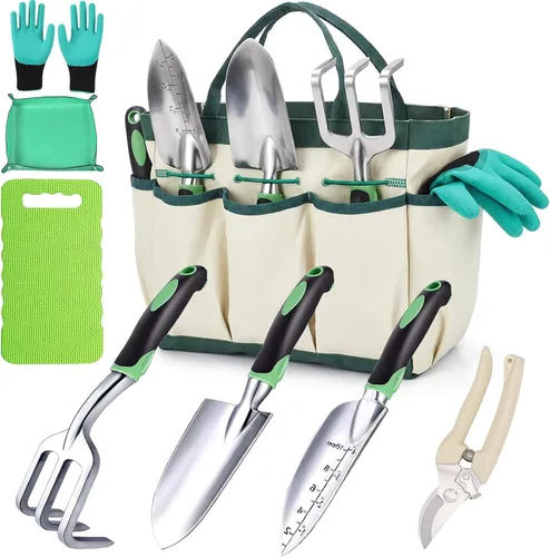 Vista 9 de Juego de 8 herramientas de jardinería resistentes con bolsa de mano, herramientas manuales de jardinería de aluminio a prueba de óxido con agarres