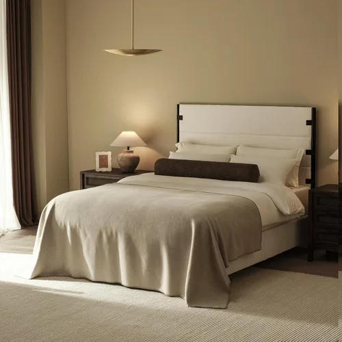 Vista 7 de Recci Base de cama tapizada de tamaño matrimonial con cabecero alto con Chenille beige