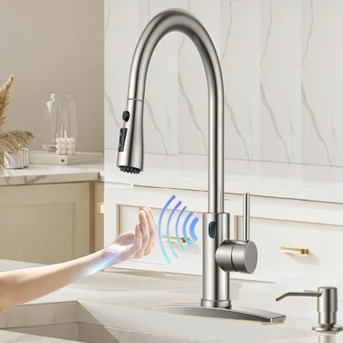Vista 15 de Grifo de cocina táctil, rociador desplegable de 3 modos, sensor táctil activado, control de temperatura LED, rotación de 360 grados, placa de Negro