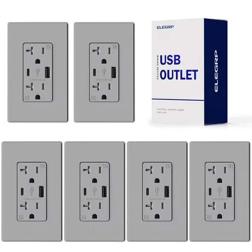 Vista 40 de ELEGRP Cargador USB de pared, receptáculo USB con puertos USB tipo A y tipo C, enchufe dúplex de 15 amperios resistente a manipulaciones NEMA 5-15R