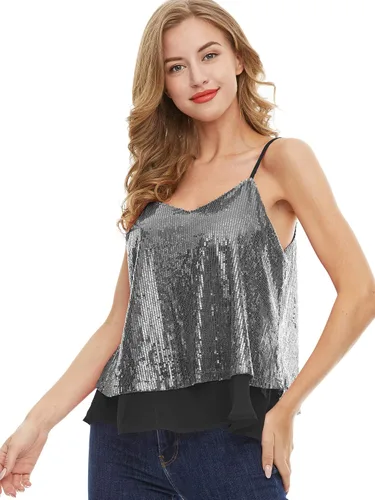 Vista 4 de SATINIOR Camiseta sin mangas de lentejuelas brillantes para mujer, chaleco de lentejuelas brillantes, chaleco de lentejuelas para fiesta de Navidad