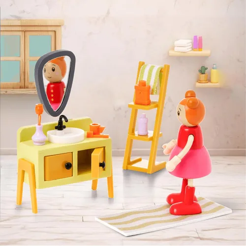 Vista 6 de Giant Bean 37 piezas de muebles de madera y plástico verde para casa de muñecas, juego de cocina y baño, accesorios modernos de madera para casa