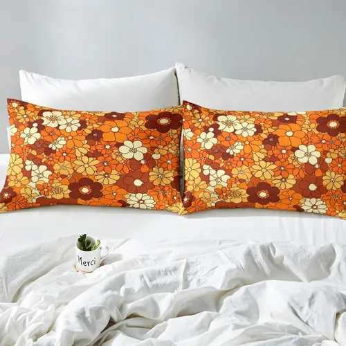 Vista 4 de Juego de ropa de cama con diseño floral bohemio, tamaño individual, diseño retro de flores groovy, 60S y 70S, diseño de flores hippie para niños