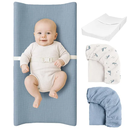 Vista 12 de Konssy Cambiador de muselina con espuma de forro impermeable, incluye 2 unidades de funda suave y de algodón, cambiador de pañales para bebé