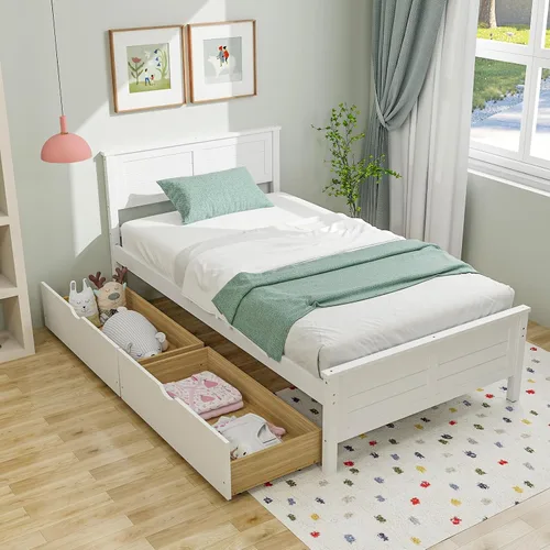 Vista 14 de Giantex Cama individual de madera con 2 cajones de almacenamiento, plataforma de madera maciza con cabecero, base de colchón de soporte de listones