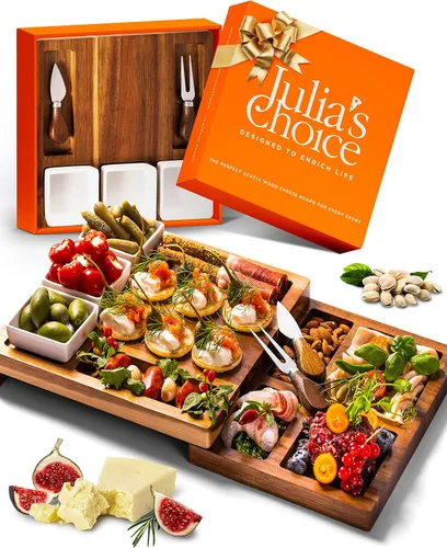 Vista 7 de Juego de regalo de tabla de charcutería, juego de tablas de queso, hecha de madera de acacia, juego giratorio compacto con cuchillos y cuencos