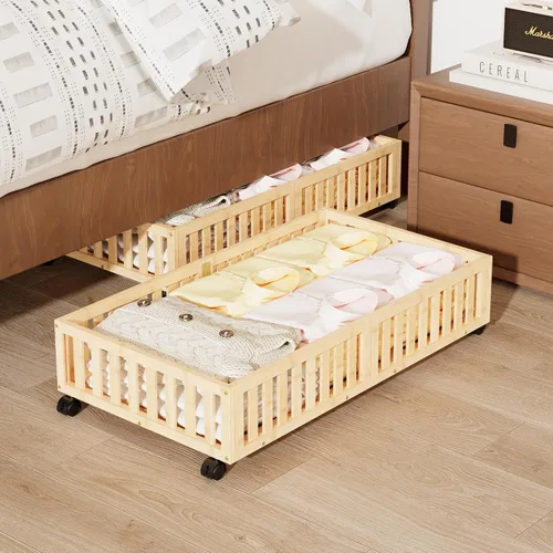Vista 14 de Almacenamiento de bambú debajo de la cama con ruedas, caja organizadora de zapatos rodante debajo de la cama para zapatos, mantas, juguetes