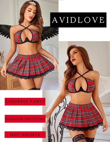 Vista 5 de Avidlove Conjunto de lencería para mujer con aros de dos piezas, conjunto de lencería sexy con minifalda plisada de encaje