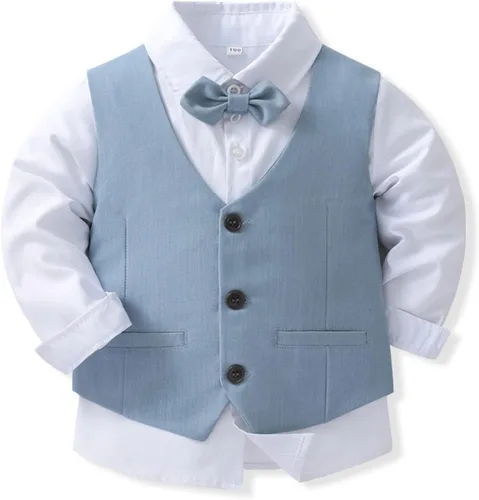 Vista 3 de Sholeno Traje de caballero para bebés y niños, chaleco con dobladillo puntiagudo, pajarita, boda, fiesta, manga larga, camisa y pantalones, conjunto