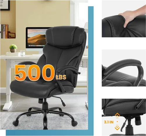 Vista 5 de Silla de oficina grande y alta, asiento ancho de 500 libras, silla de escritorio con brazos de apoyo lumbar, respaldo alto, piel sintética, silla