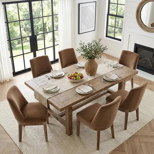 Vista 10 de HNY Juego de 2 sillas de comedor modernas con cómodo soporte de espalda, sillas de comedor tapizadas de lino suave con patas de madera maciza