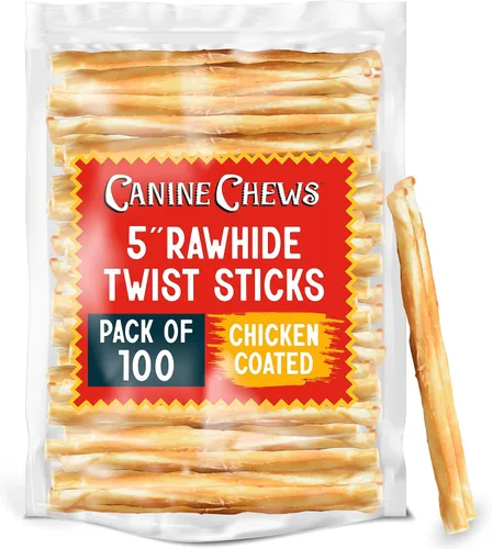 Vista 9 de Canine Chews Palitos recubiertos de pollo de 5 pulgadas, paquete de 45 golosinas de cuero crudo para perros de origen estadounidense, masticables