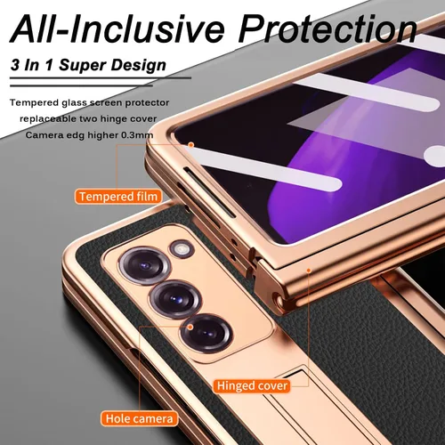 Vista 6 de Miimall Funda compatible con Samsung Galaxy Z Fold 2 con soporte para S Pen y S Pen + cubierta de pantalla + soporte + patrón de cuero chapado todo
