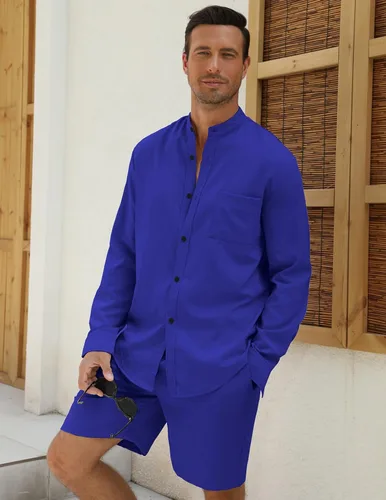 Vista 4 de RPOVIG Conjuntos de lino para hombre, conjuntos de verano de 2 piezas, ropa de vacaciones en la playa, camisas casuales de manga larga, pantalones