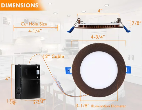 Vista 5 de CLOUDY BAY Lámpara de techo empotrable LED ultrafina, 4 pulgadas, 3000 K, 4000 K, 5000 K, regulable 10 W CRI90+, luz sin lata con caja