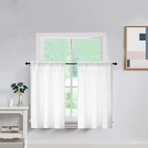 Vista 9 de SXZJTEX Cortinas de Cocina a Rayas para Cafetería, Niveles Rústicos Translúcidos con Rayas Finas, Cortinas para Ventanas Pequeñas con Bolsillo