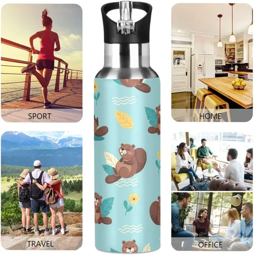 Vista 5 de Cute Cartoon Beavers Blue Insulated Water Bottle 20 Oz Leakproof Water Bottles, BPA-Free Sport Water Bottle Insulated