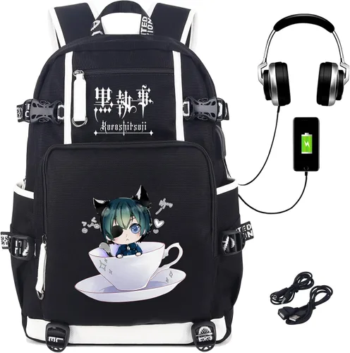 Vista 2 de Roffatide Anime - Mochila de mayordomo negro con puerto de carga USB y puerto para auriculares