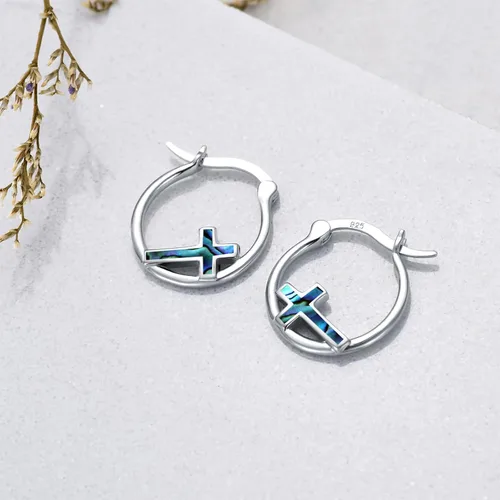 Vista 3 de Aretes de aro con cruz para mujer, plata de ley 925, con concha de abulón, regalos para mujeres y niñas