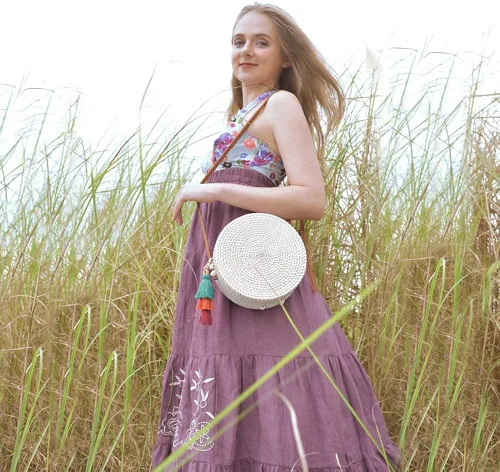 Vista 6 de Natural Neo - Bolsa tejida a mano de mimbre redonda y elegante con correas de cuero natural