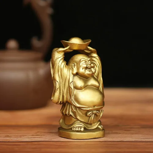 Vista 3 de BRASSTAR Adorno de latón Feng Shui Estatua de Buda riendo sosteniendo lingote bolsa de dinero para oficina en casa Figura decorativa Atrae riqueza
