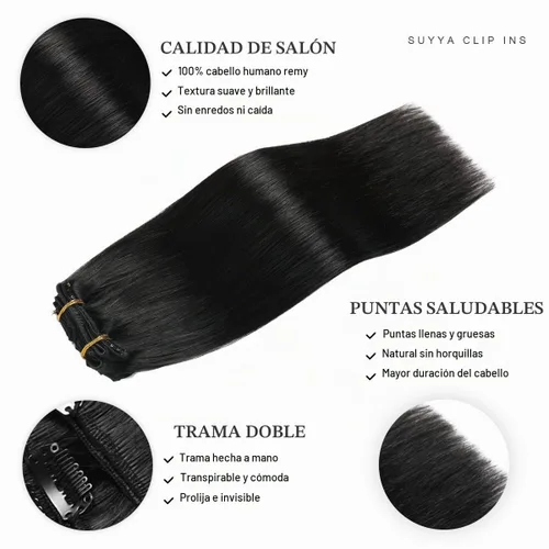 Vista 3 de SUYYA Extensiones de cabello humano real con pinzas, 7 piezas de extensiones de cabello humano Remy liso con clip, para mujer, doble trama, 12 #1