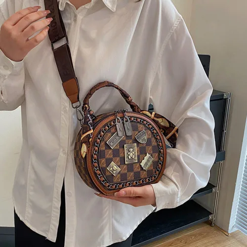 Vista 2 de Bolso vintage para mujer, bolso cruzado redondo con un hombro, bolso circular de gran capacidad, bolso diario para mujeres y niñas (marrón)