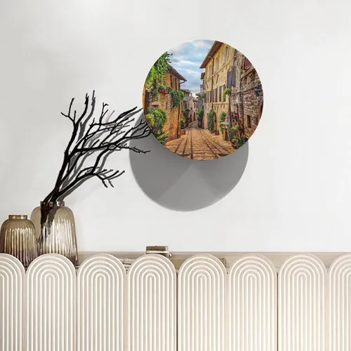 Vista 5 de Plato decorativo colgante de cerámica con temática de paisaje, plato decorativo redondo de plantas en maceta, con soporte decorativo, para sala