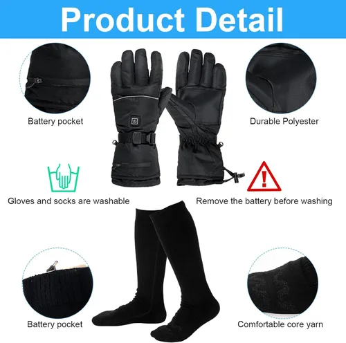 Vista 5 de Suhine 2 pares de guantes calentados y calcetines para manos y pies para hombres y mujeres, guantes con batería recargable, guantes de invierno