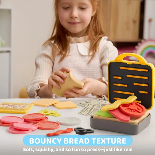 Vista 4 de Juguete de restaurante y comida de juego de simulación para niños, accesorios de cocina de juego incluyen sandwichera de juguete con rebanador