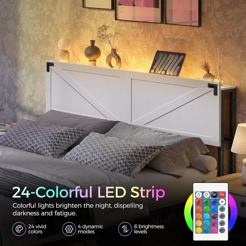 Vista 3 de MAHANCRIS Cabecera Solo Tamaño Queen, Cabecera con 2 Tomacorrientes y 4 Puertos USB, Cabecera Estilo Granja, con Luces LED, Almacenamiento Seguro