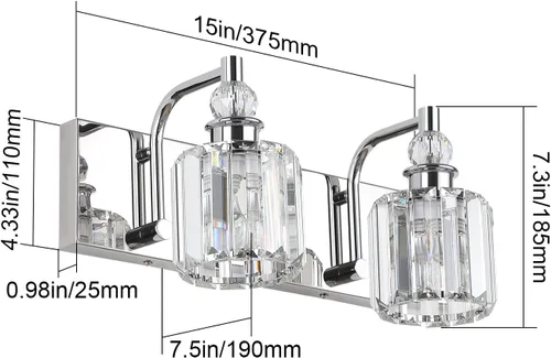 Vista 5 de Ralbay - Luces de tocador de cristal, 2 luces, modernas lámparas de cromo de cristal para iluminación de baño, para usar sobre el espejo