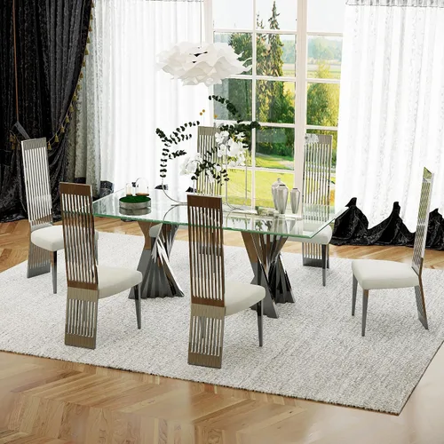 Vista 8 de Mesa de comedor de cristal, mesa de cocina rectangular plateada de Plateado