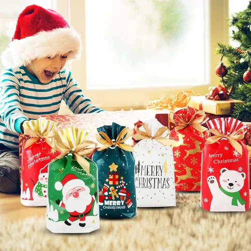 Vista 5 de Heniho 60 bolsas de golosinas de Navidad, 4 x 6 pulgadas con cordón, bolsas de galletas para dulces, regalos de fiesta