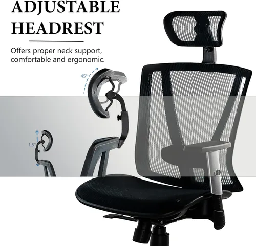 Vista 6 de Silla de oficina ergonómica ajustable negra de 53 pulgadas de alto, silla ergonómica de oficina en casa, silla ergonómica con reposacabezas, sillas