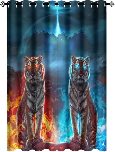 Vista 27 de Cool King of The Forest - Cortinas opacas con diseño de tigre anime, fantasía, animal, fuego, tigre, hielo, con ojales, ahorro de energía, 2