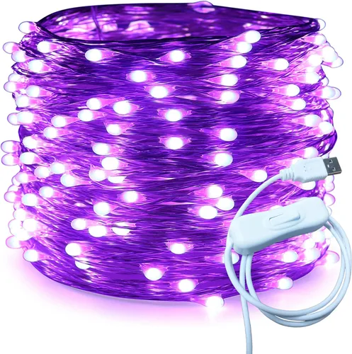 Vista 14 de RUICHEN Cable plateado de 33 pies con 100 luces LED USB con interruptor de encendido/apagado (blanco cálido)