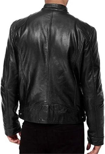 Vista 3 de ADUWOAN Chaqueta de cuero sintético para hombre, ligera, vintage, clásica, con cremallera, de piel sintética