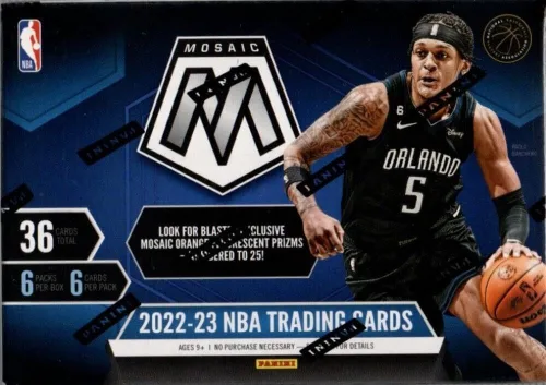 Vista 3 de Panini Mosaic NBA Basketball Factory Sealed Retail Blaster Box 2022-23 6 paquetes de 6 cartas. Encuentra 4 premios de mosaico por caja en promedio.