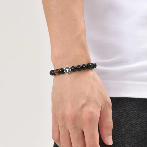 Vista 2 de JAYUMO Pulsera de cuentas ajustable con cuentas de ojo de tigre de piedra natural para hombre y mujer