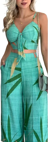Vista 3 de Conjunto de 2 piezas de verano para mujer, con parte superior corta de cintura alta, pantalones de pierna ancha