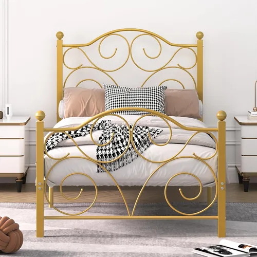 Vista 26 de VECELO Base de cama con dosel de metal, tamaño individual, base de colchón con plataforma de 4 pósteres con cabecero, soporte de listones de acero