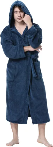 Vista 28 de KEMUSI Bata suave tipo herringbone con capucha para hombre, bata de spa de longitud completa, cómoda y cálida de noche Negro