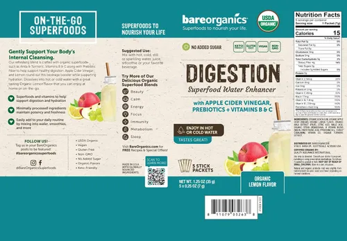 Vista 5 de BareOrganics Digestion Superfood - Bebida en polvo orgánica, ayuda a la digestión, 5 varitas