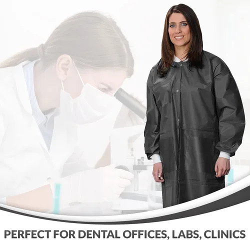 Vista 40 de Paquete de 10 chaquetas desechables de laboratorio, chaqueta médica reutilizable hasta la cadera, unisex, con puños de punto y bolsillos