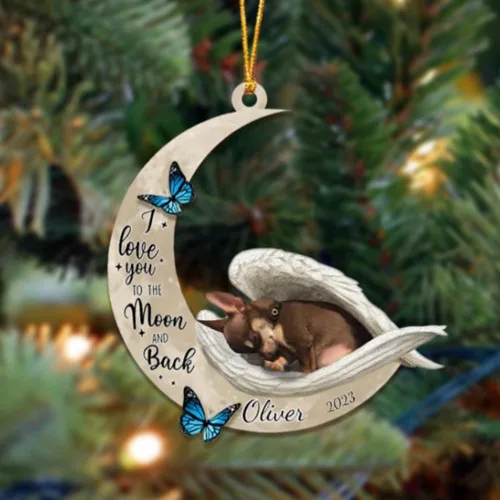 Vista 140 de Adorno colgante personalizado de ángel durmiendo en la luna, perro sabueso afgano, nombre personalizado, acrílico impreso en 2D plano – cumpleaños