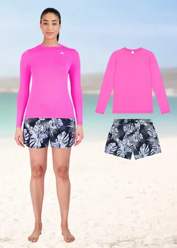 Vista 2 de ZeroXposur Conjunto de traje de baño con camiseta UV y pantalón corto para mujer, camiseta de manga larga con pantalón corto de natación estampado